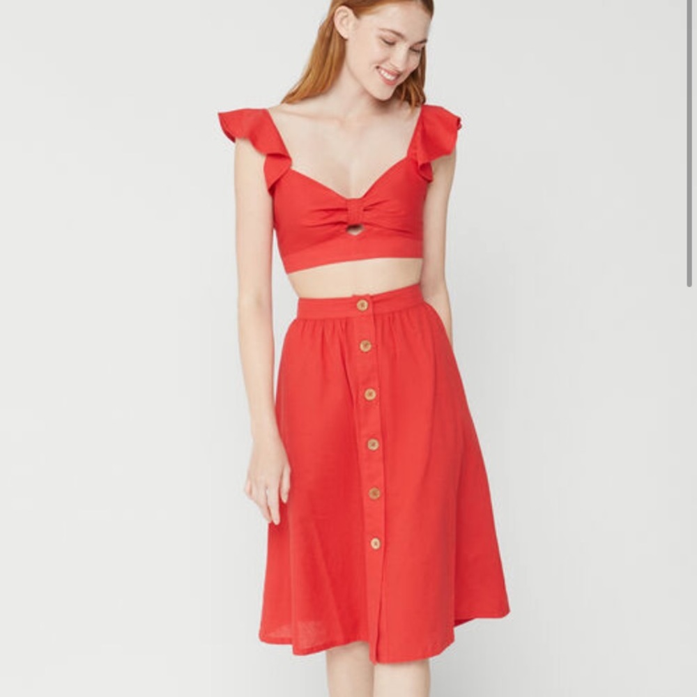 Red linen blend button front midi skirt